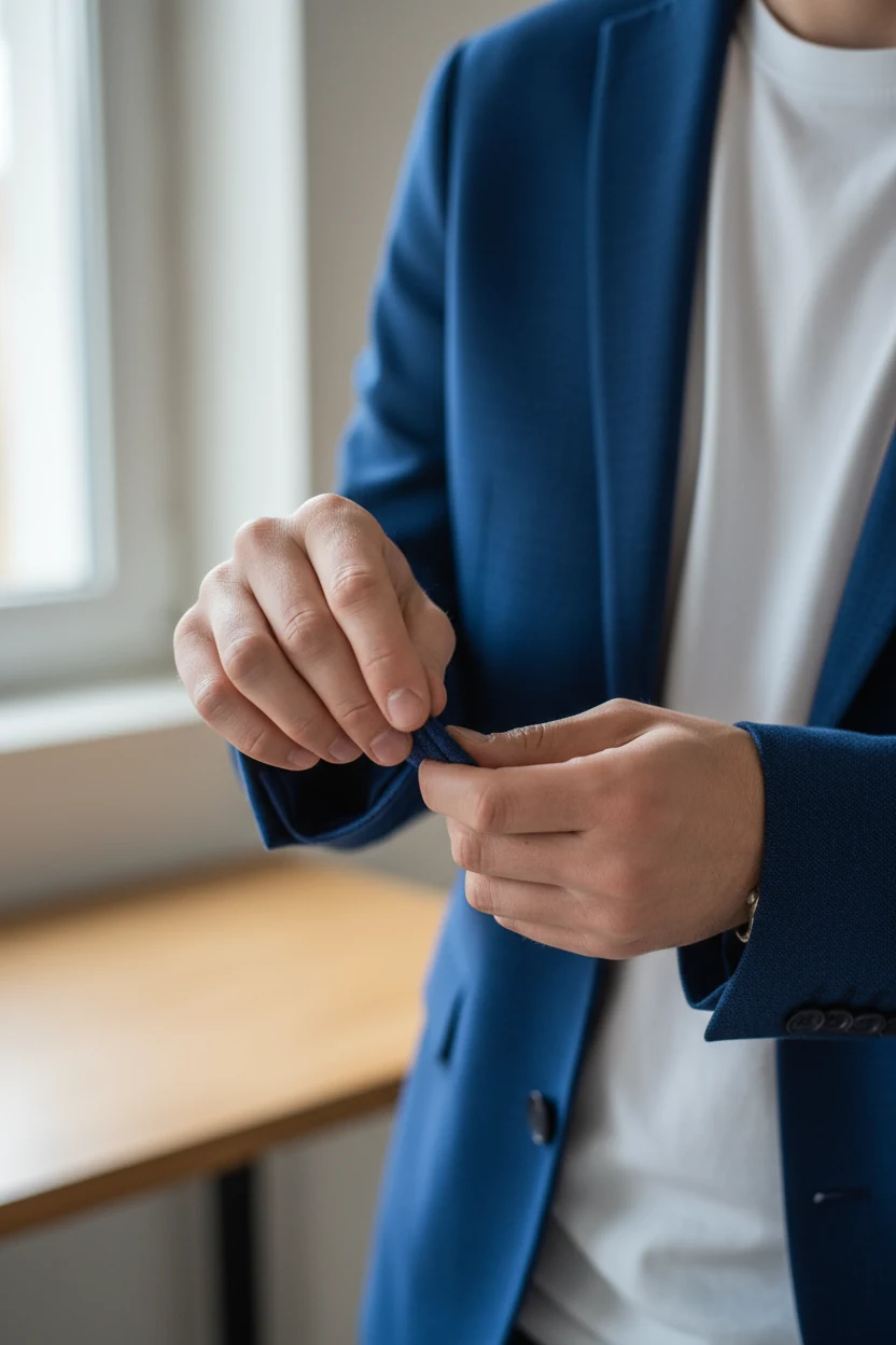 closeup hands rolling cobalt blazer sleeves over white tee