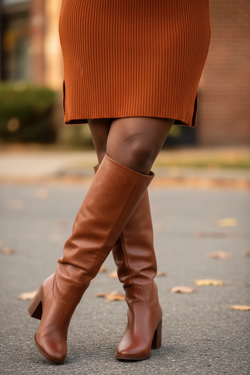 closeup Black female legs, cognac wide-calf knee-high boots, ribbed dress
