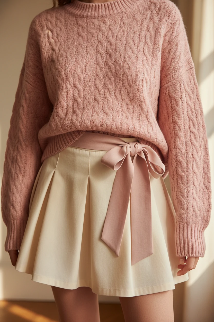 closeup powder-pink knit sweater with pleated mini, ribbon bow