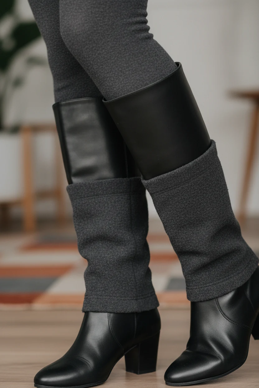 closeup of black knee-high boots over opaque fleece tights