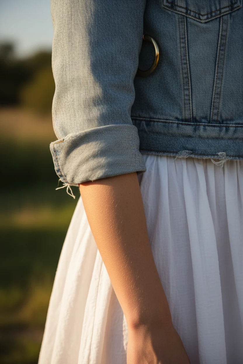 closeup light-wash denim sleeve, gold hoop, white A-line skirt