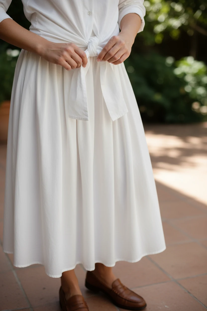 closeup female hands tying button-down waist, white pleated skirt, loafers