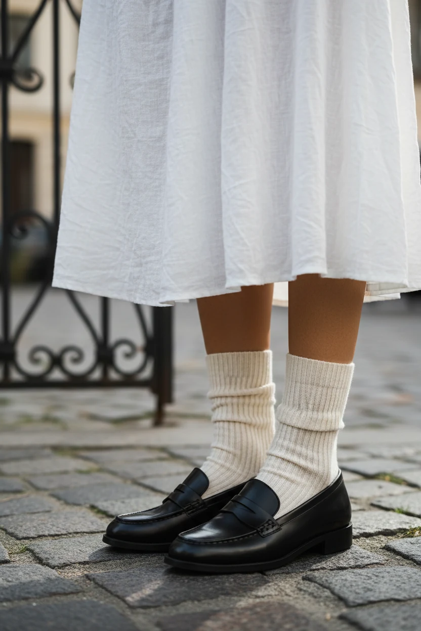 Female ankles in black loafers, ribbed socks, white midi hem