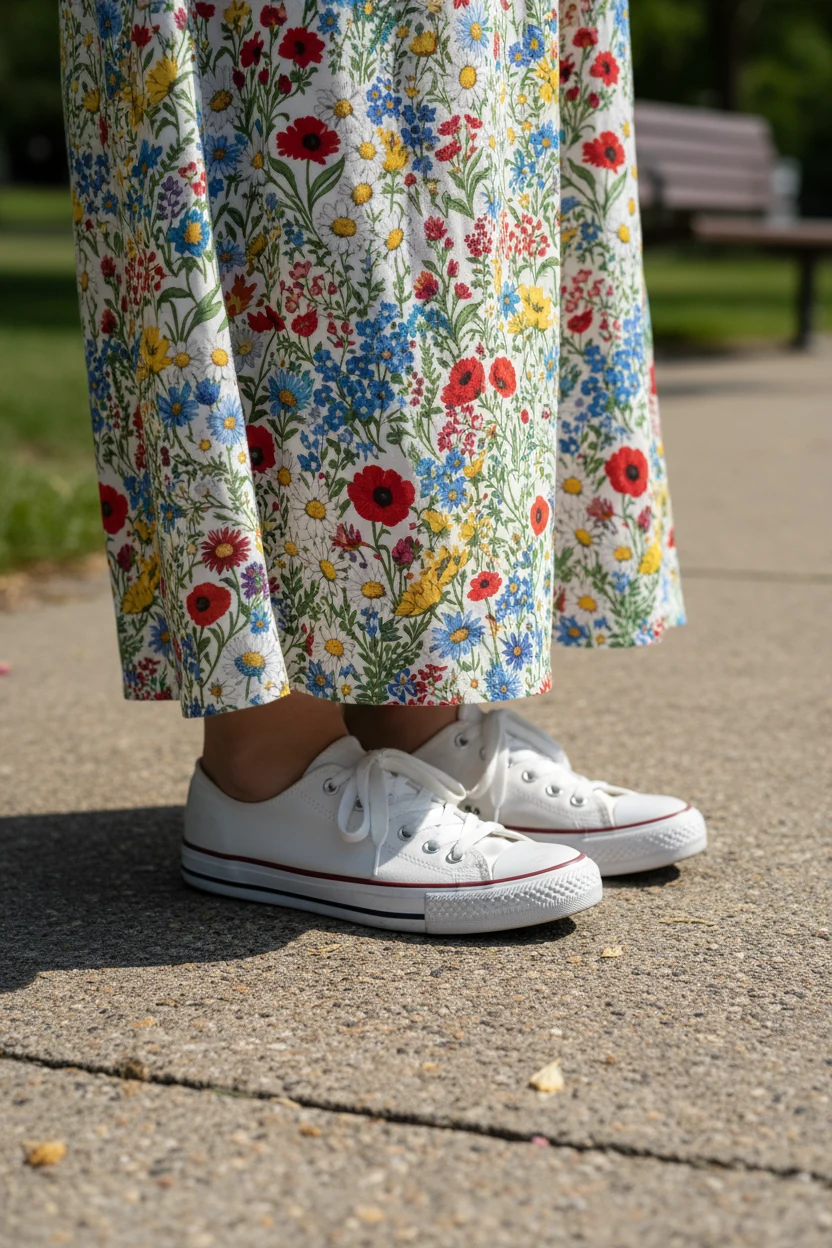 closeup white sneakers with floral sundress hem on sidewalk