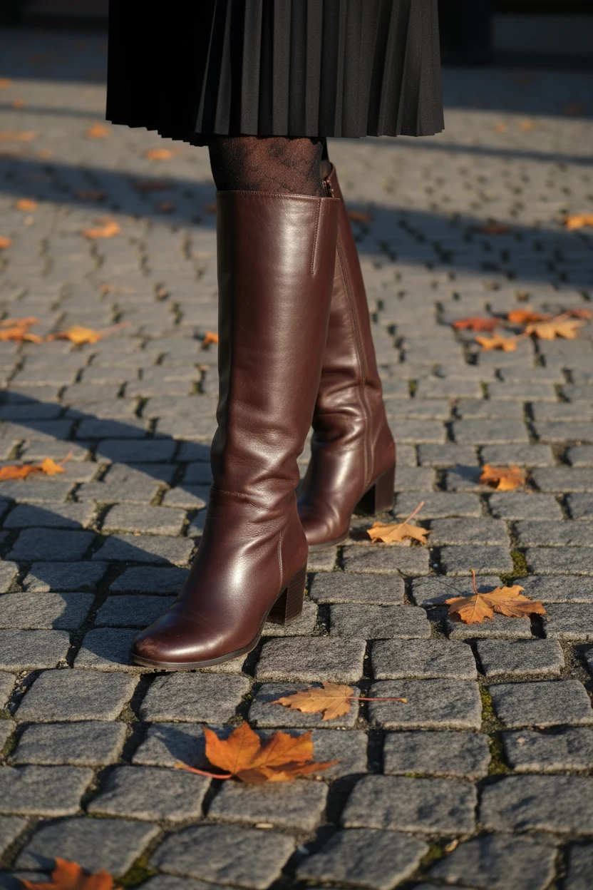female legs in knee-high leather boots, street pavement