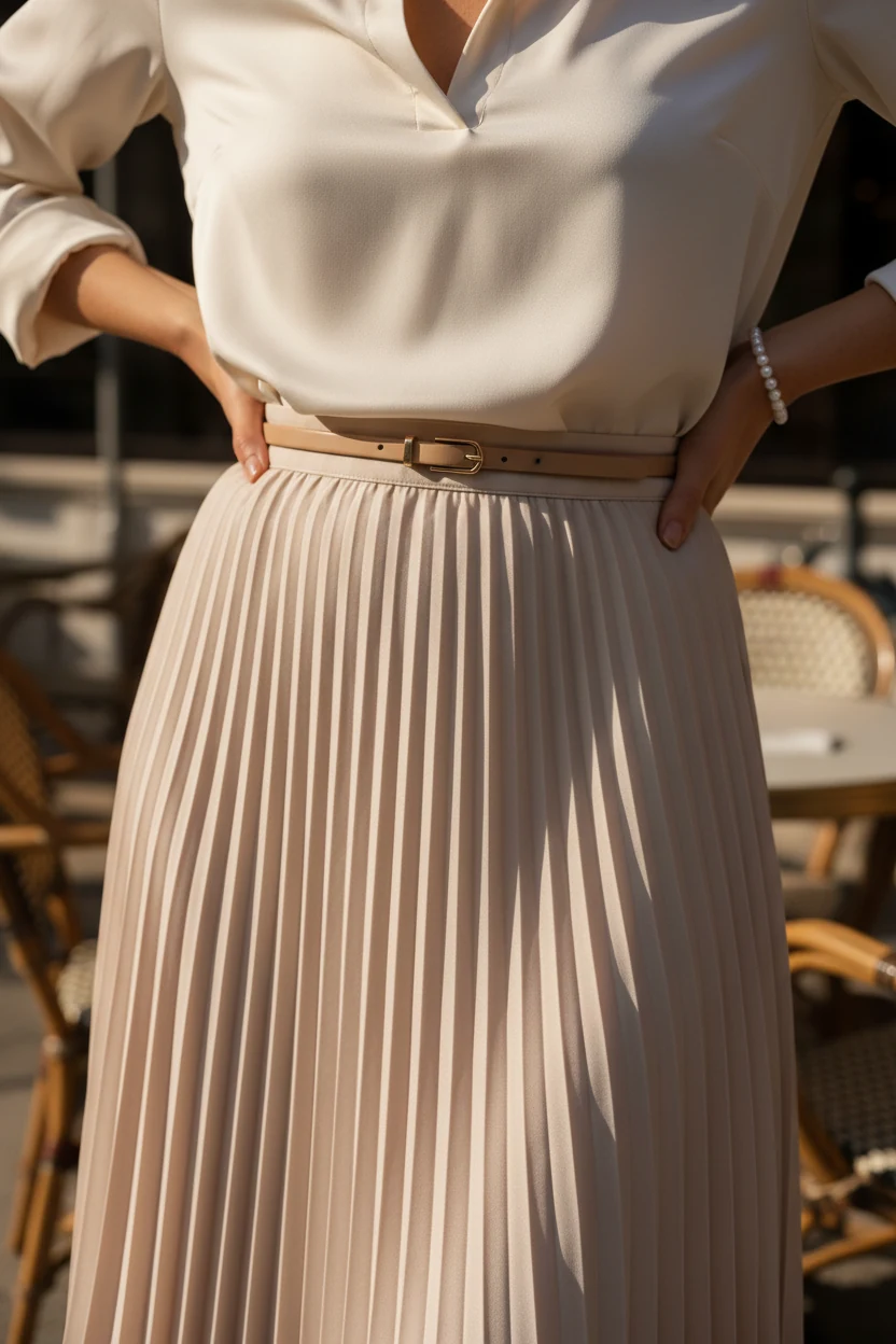 closeup of female pleated midi skirt, cream silk blouse tuck