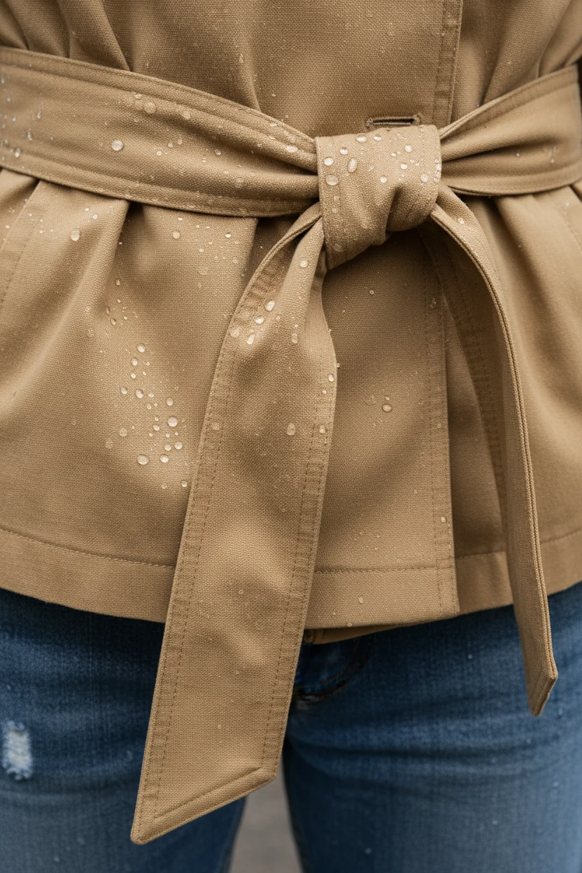 closeup khaki trench belt knot with raindrops, blue jeans