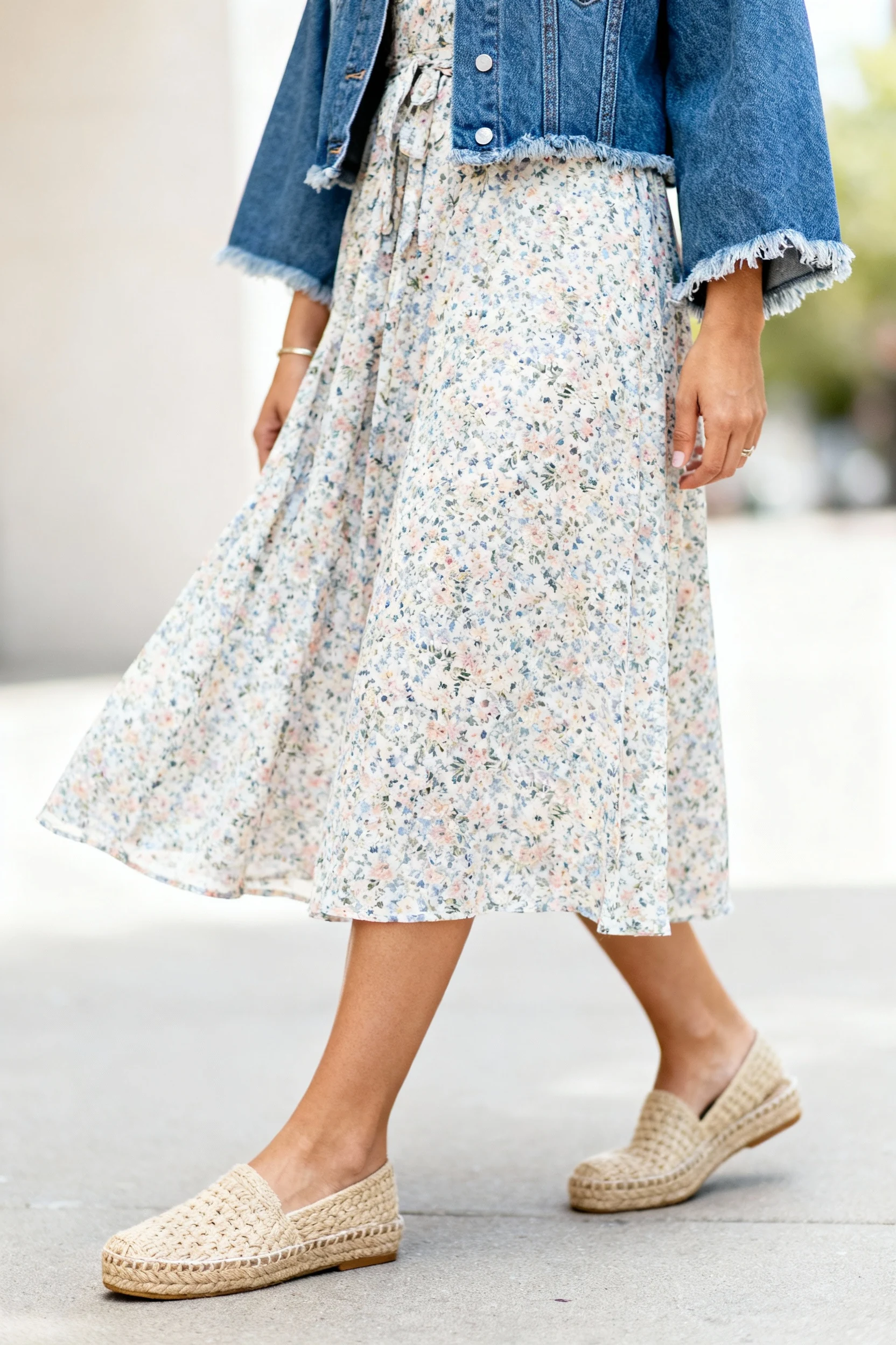 3. closeup female in micro-floral midi dress, cropped denim jacket, espadrilles