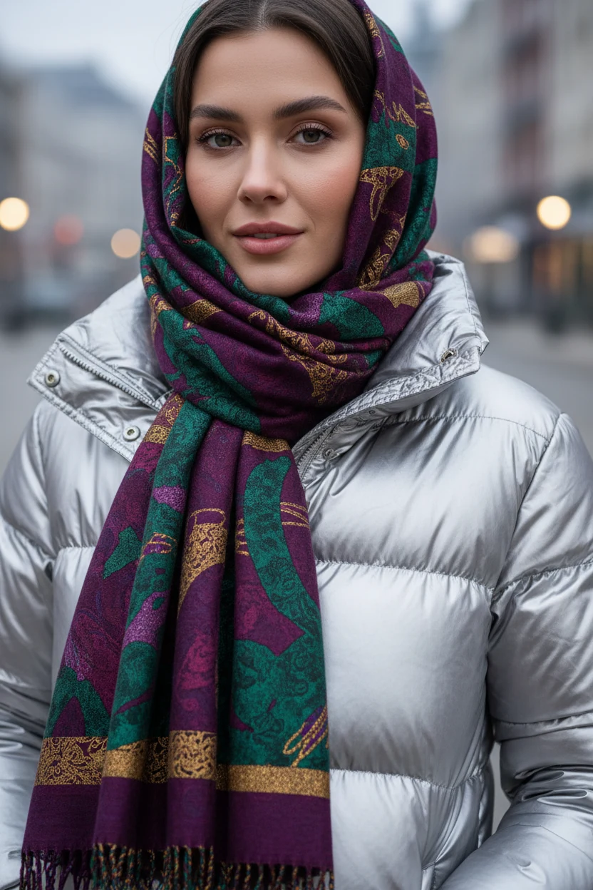 closeup silver metallic puffer, female with statement scarf