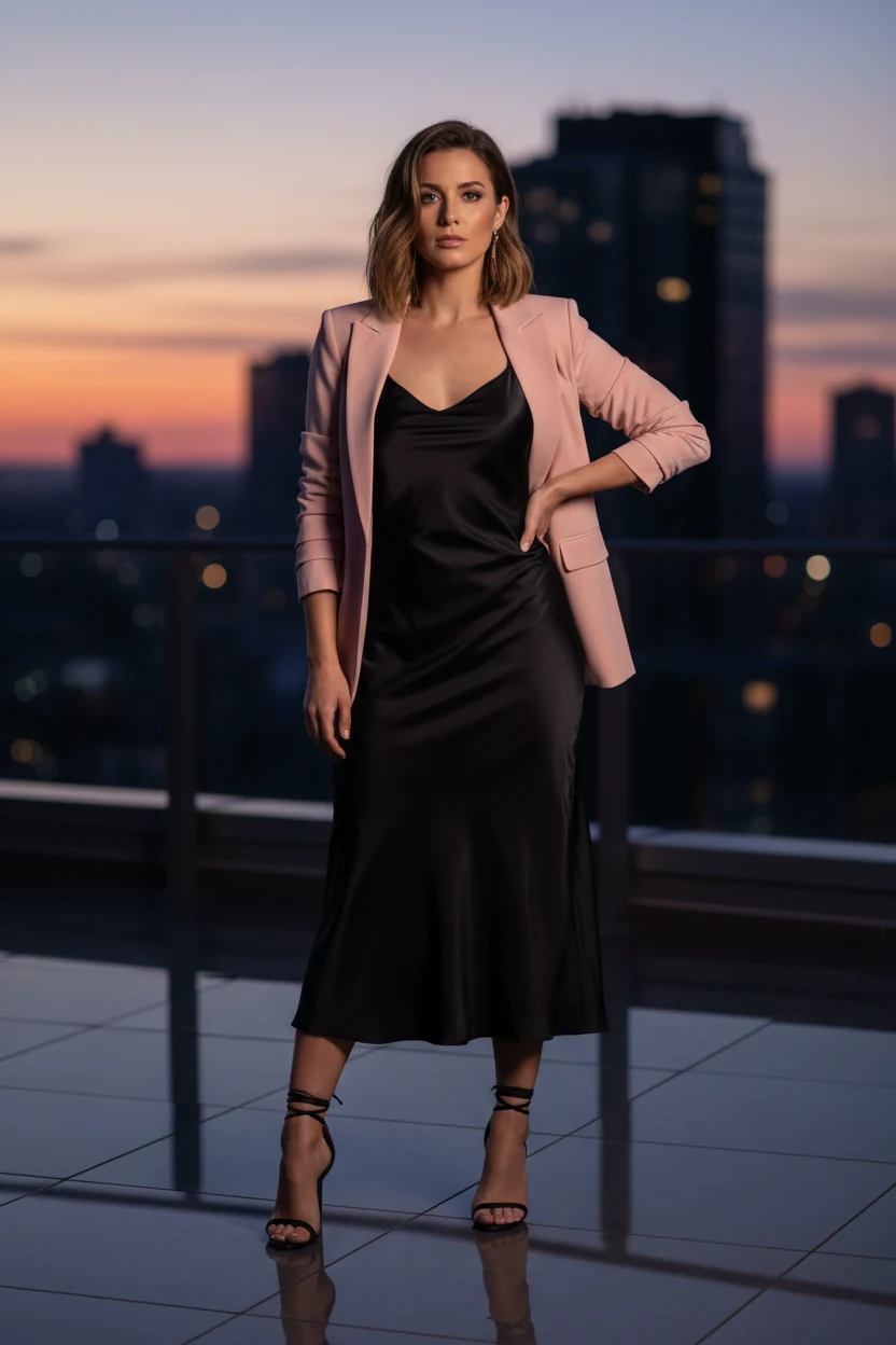 female in pink blazer, black satin slip, strappy heels