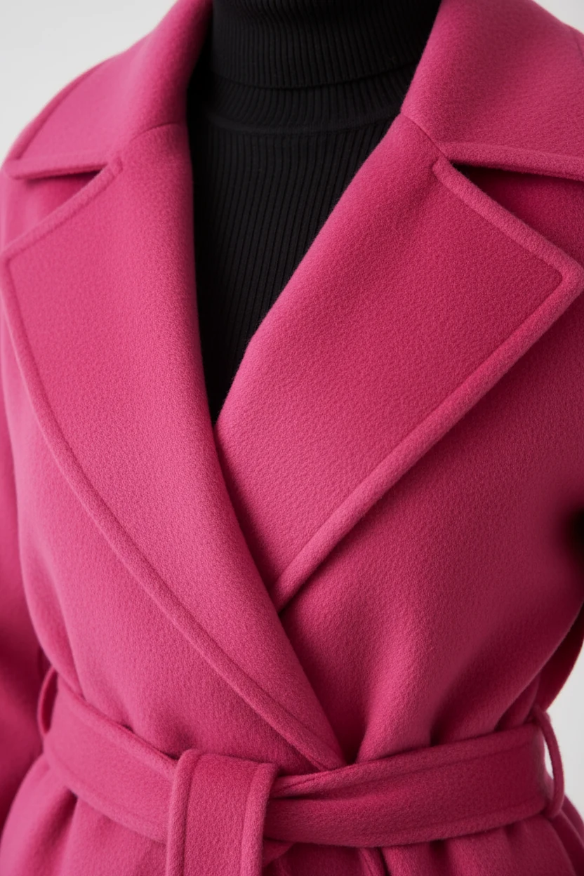 closeup hot pink wool wrap coat over black turtleneck