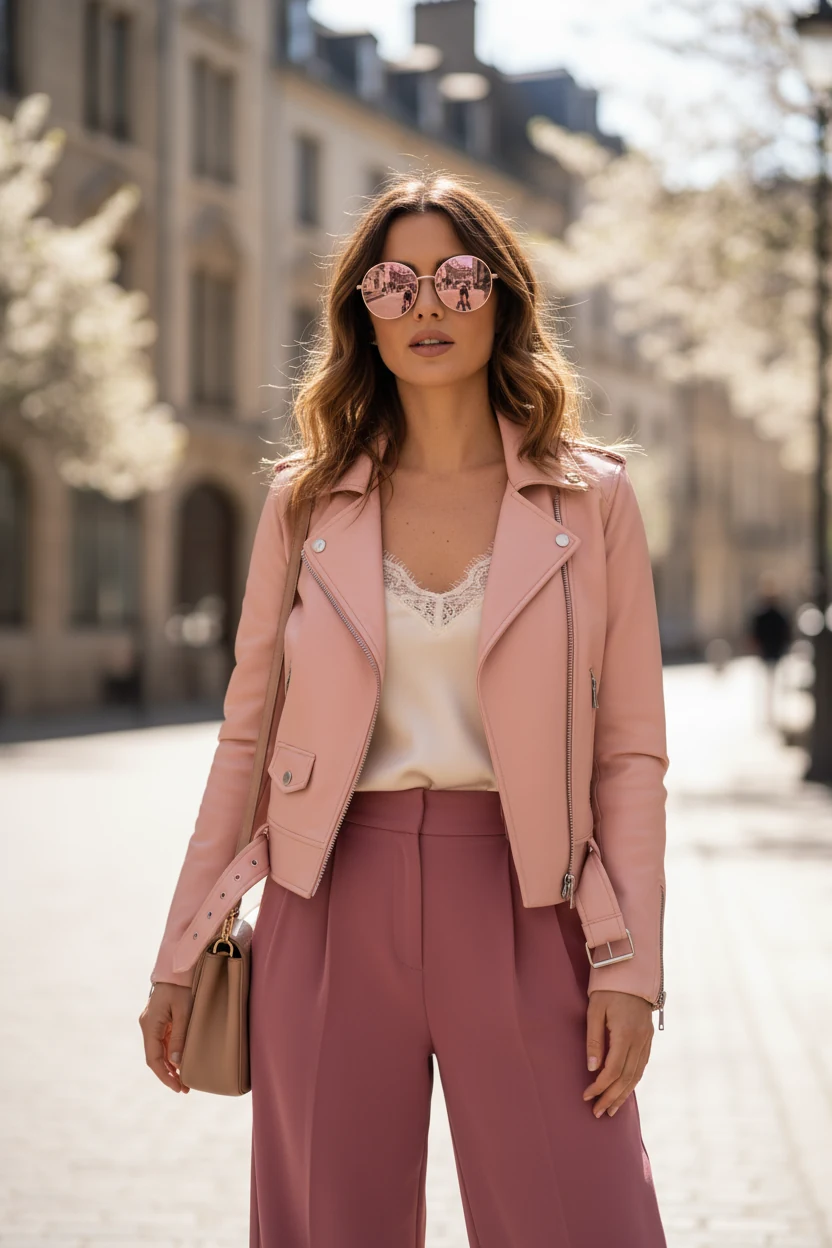 female in blush leather moto, silk camisole, rose trousers, sunglasses