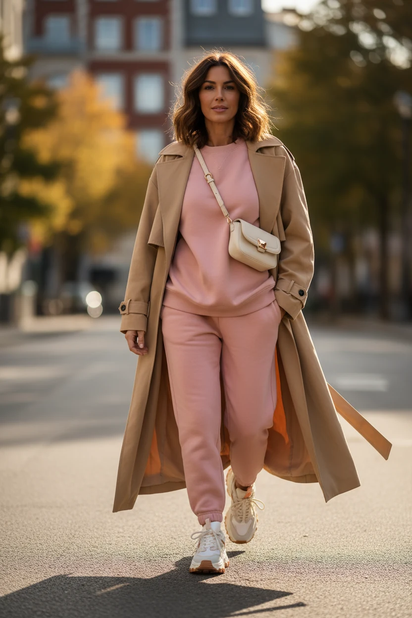 female in blush sweatsuit under tan trench, chunky sneakers