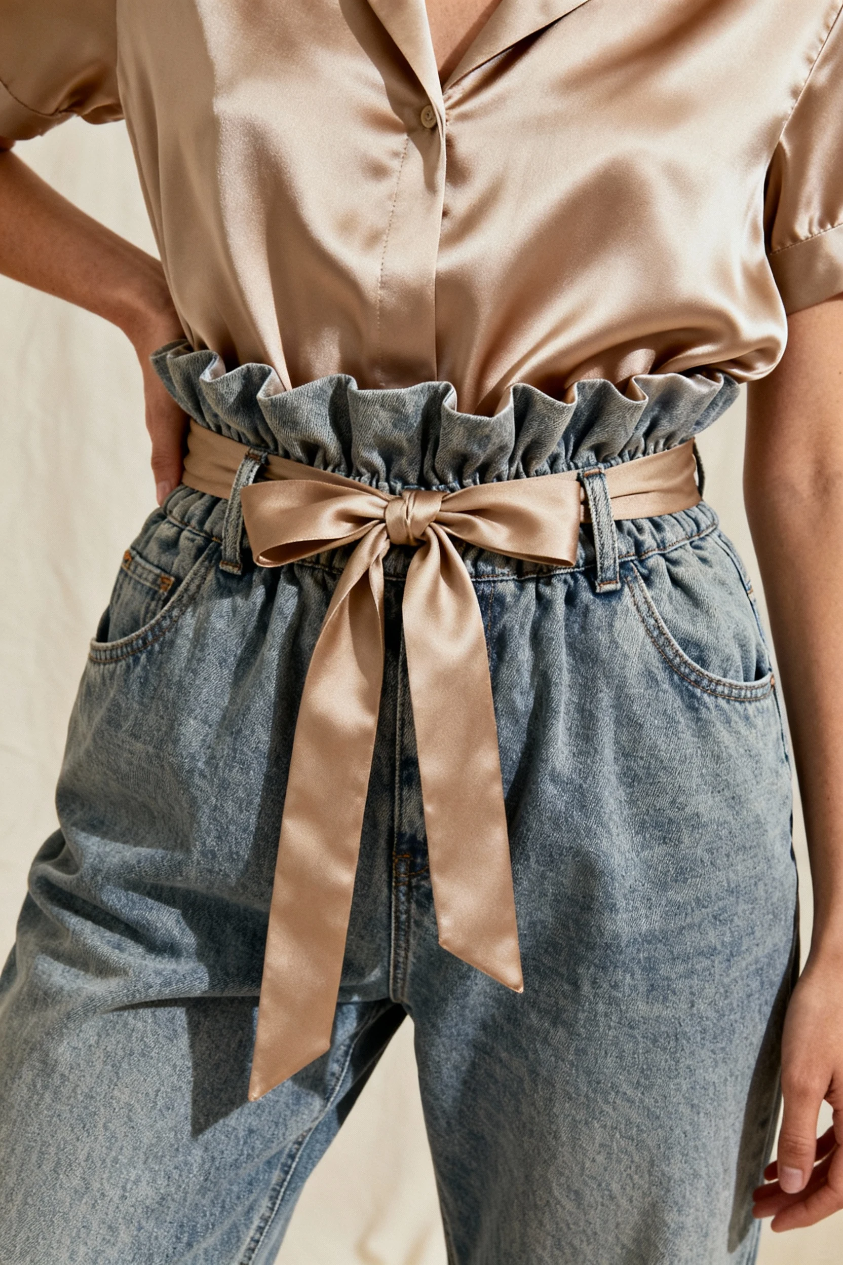 closeup female paperbag-waist jeans cinched, tucked satin blouse, tie belt