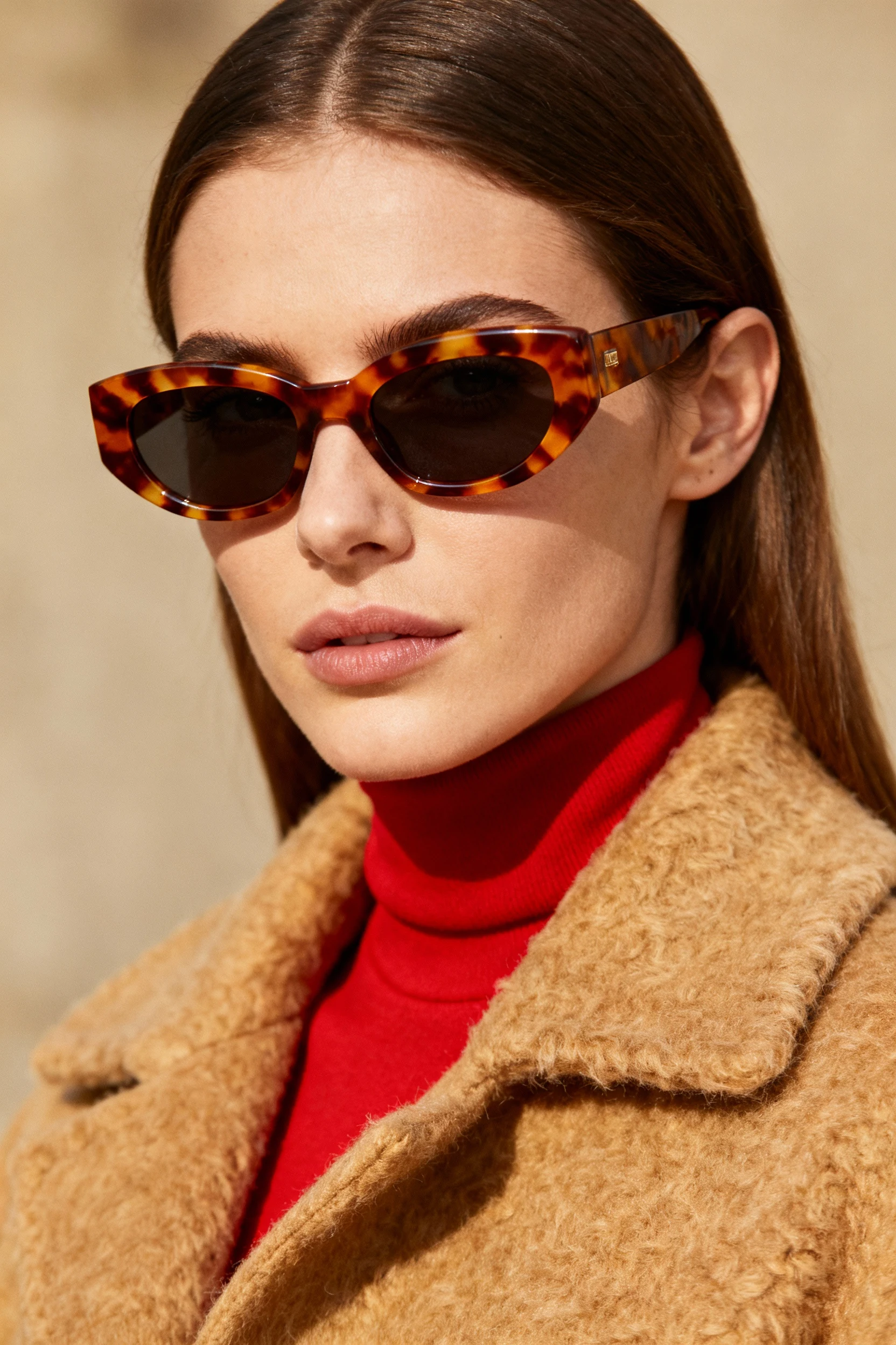 closeup female camel wool coat, red turtleneck, tortoiseshell sunglasses