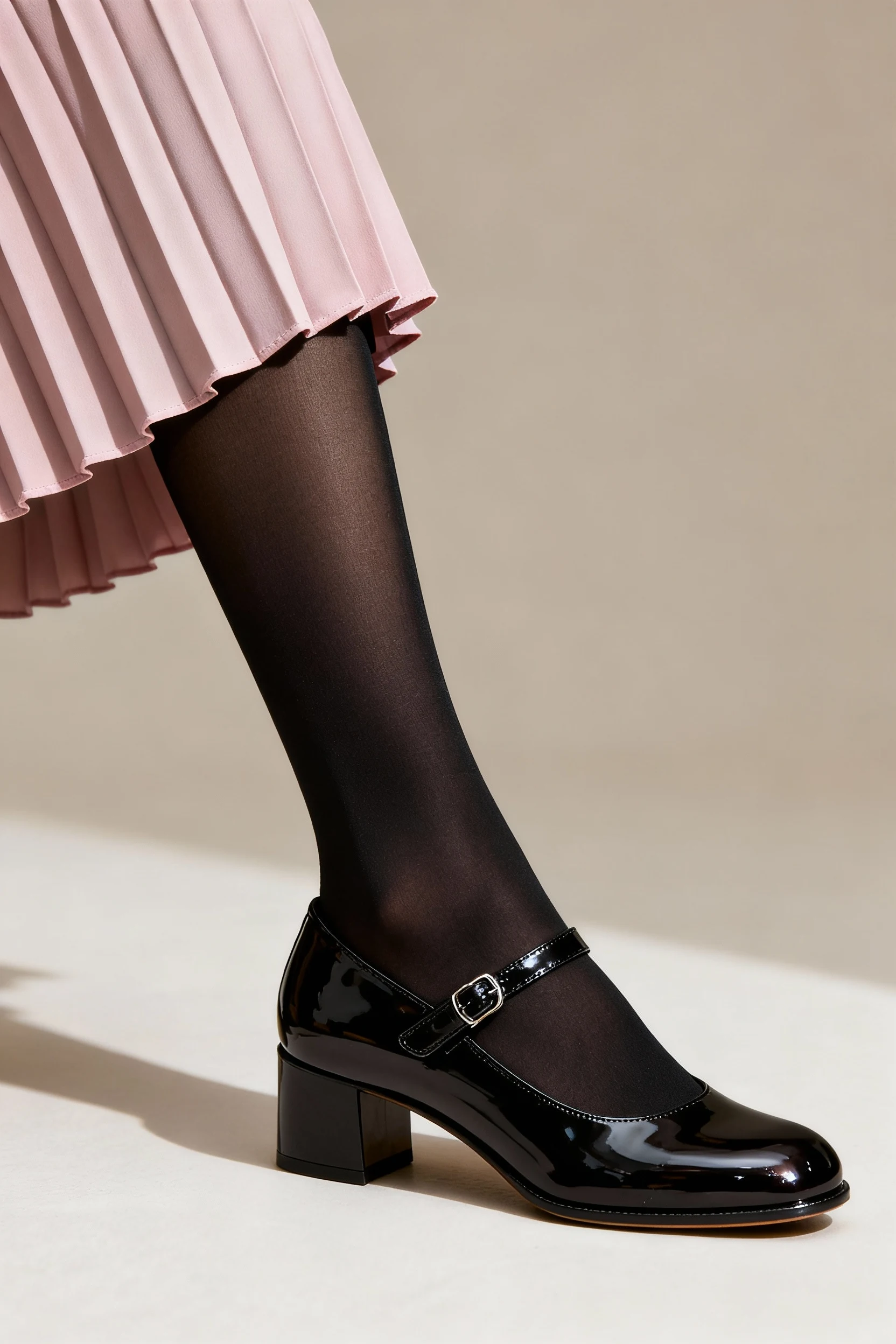 closeup Mary Janes with tights, pleated mini skirt hem