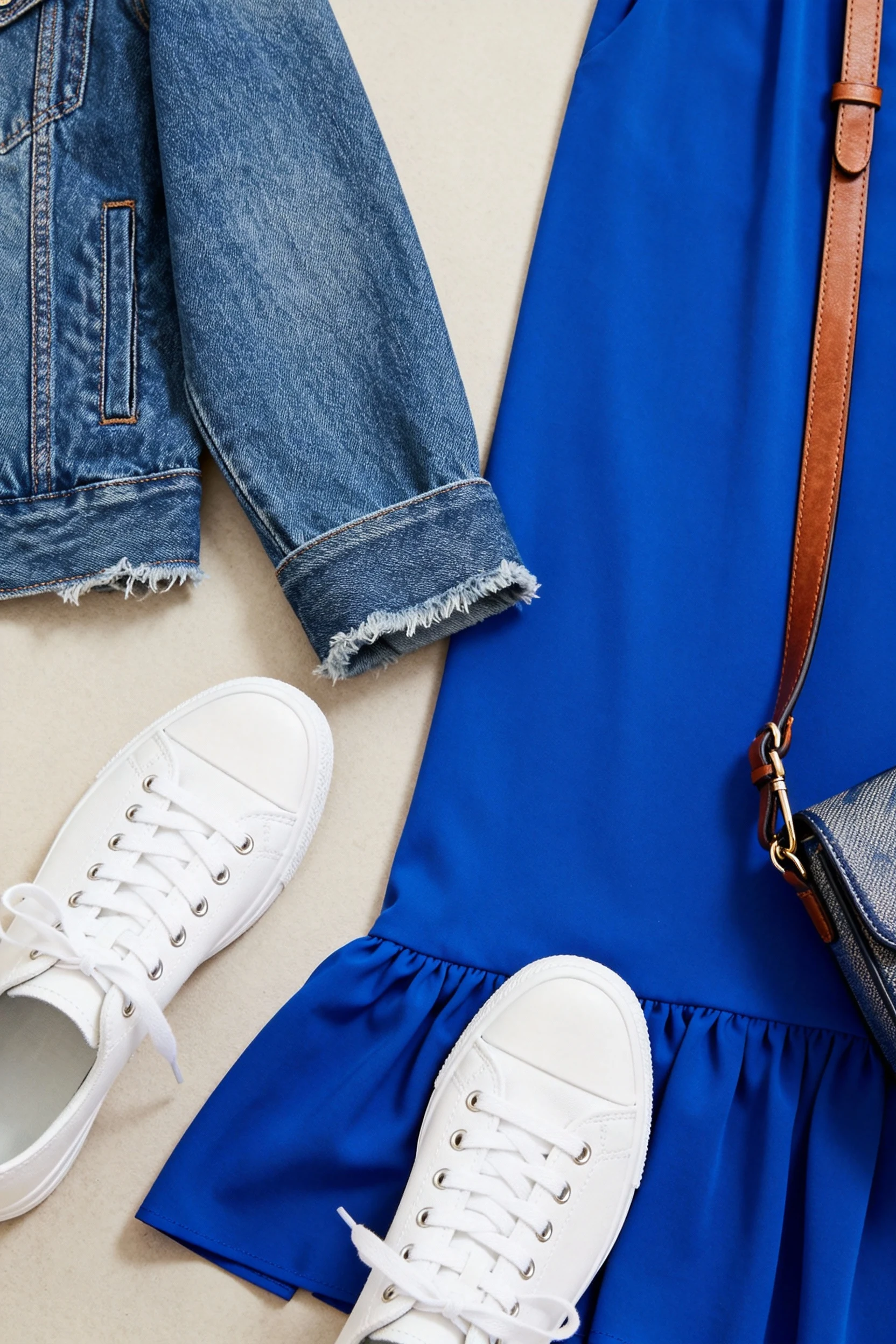 white sneakers, denim jacket sleeves, royal blue dress hem, crossbody