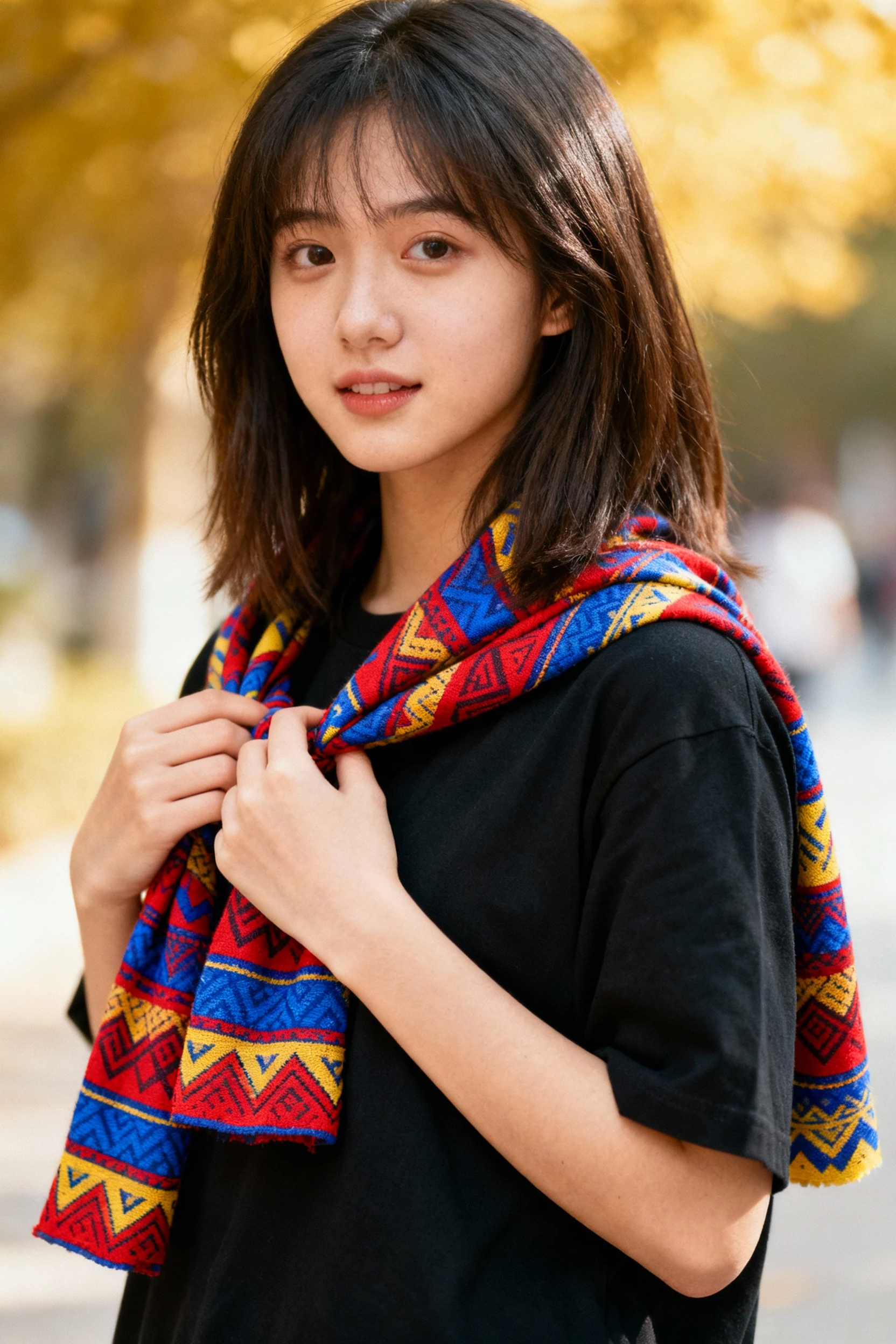 female student adjusting patterned scarf over black tee