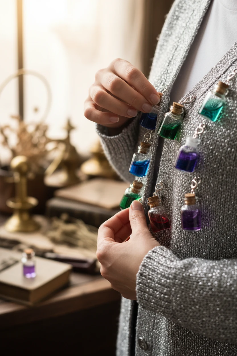 hands clipping tiny potion bottles onto silver cardigan