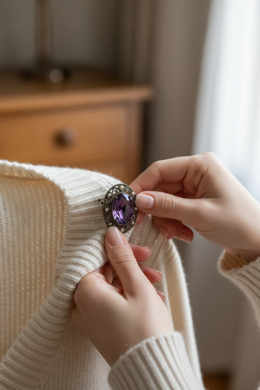 3. closeup of female hands pinning brooch to cardigan neckline