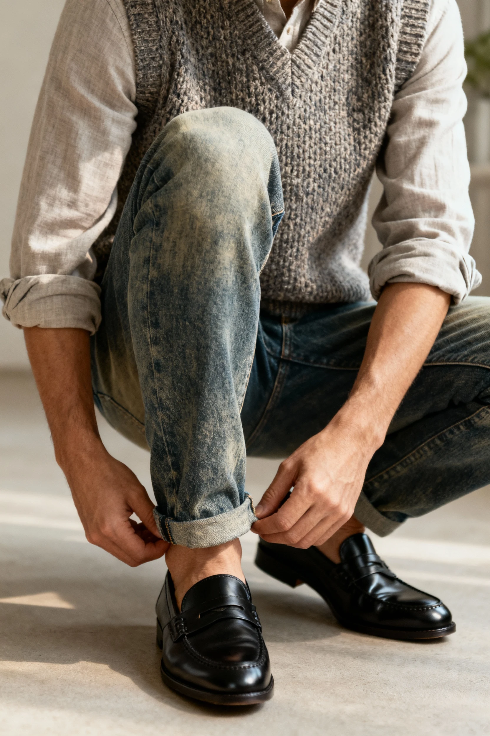closeup male rolled sleeves, sweater vest, black loafers, jeans