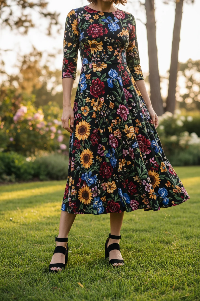 Black-base floral midi hem, block heels on grass