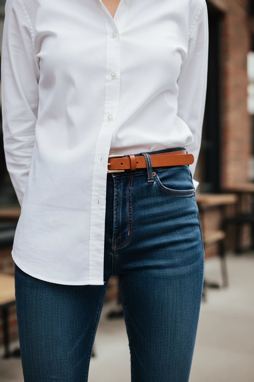 Closeup white button-up half-tuck with skinny brown belt