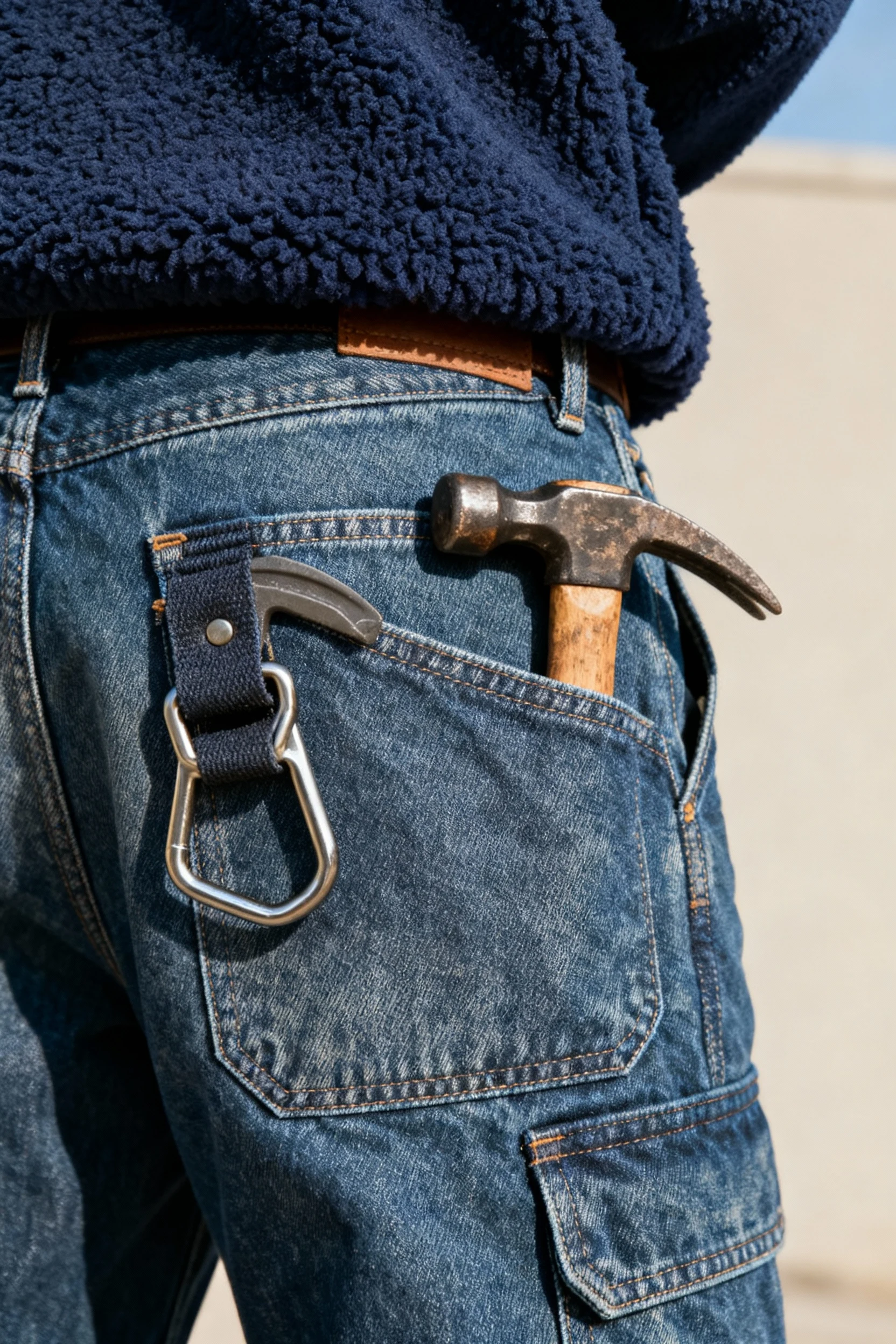 closeup male navy fleece collar, carpenter jeans hammer loop