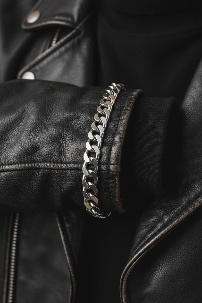 closeup of dark leather jacket texture with silver chain bracelet resting against all-black clothing