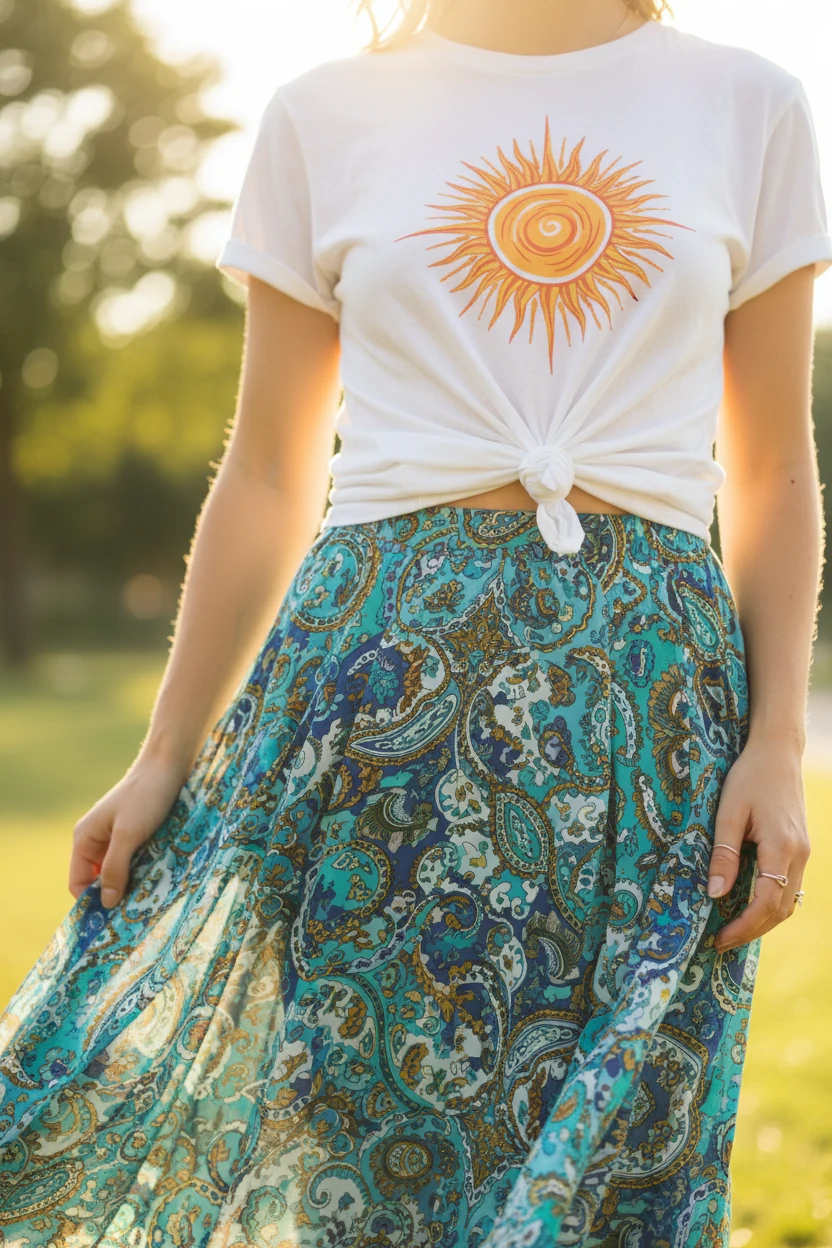 closeup of knot-tied graphic tee above flowing midi skirt in summer sunlight