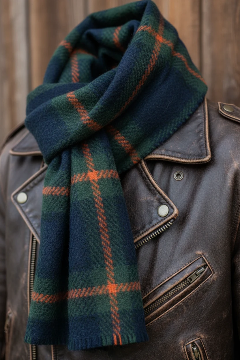 closeup of plaid wool scarf draped over brown leather jacket
