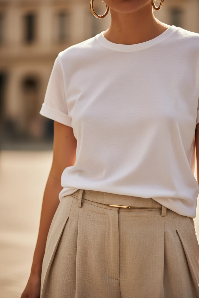 closeup of tucked white tee into beige wide-leg trousers with gold hoop earrings