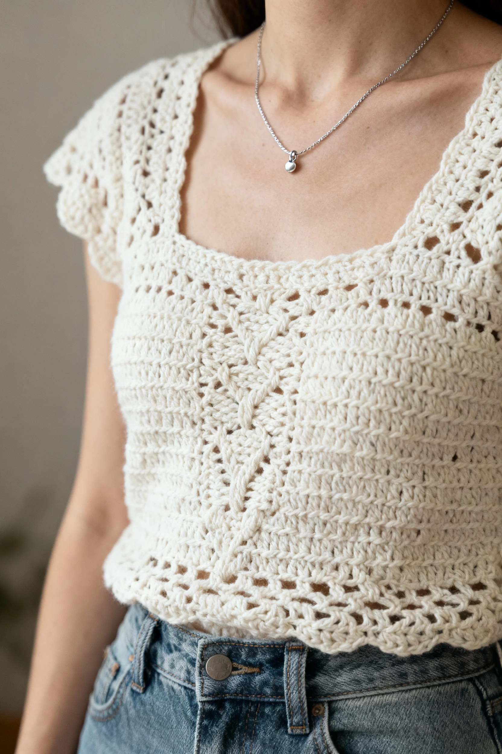closeup female ivory crochet top texture, high-waist jeans, delicate necklace