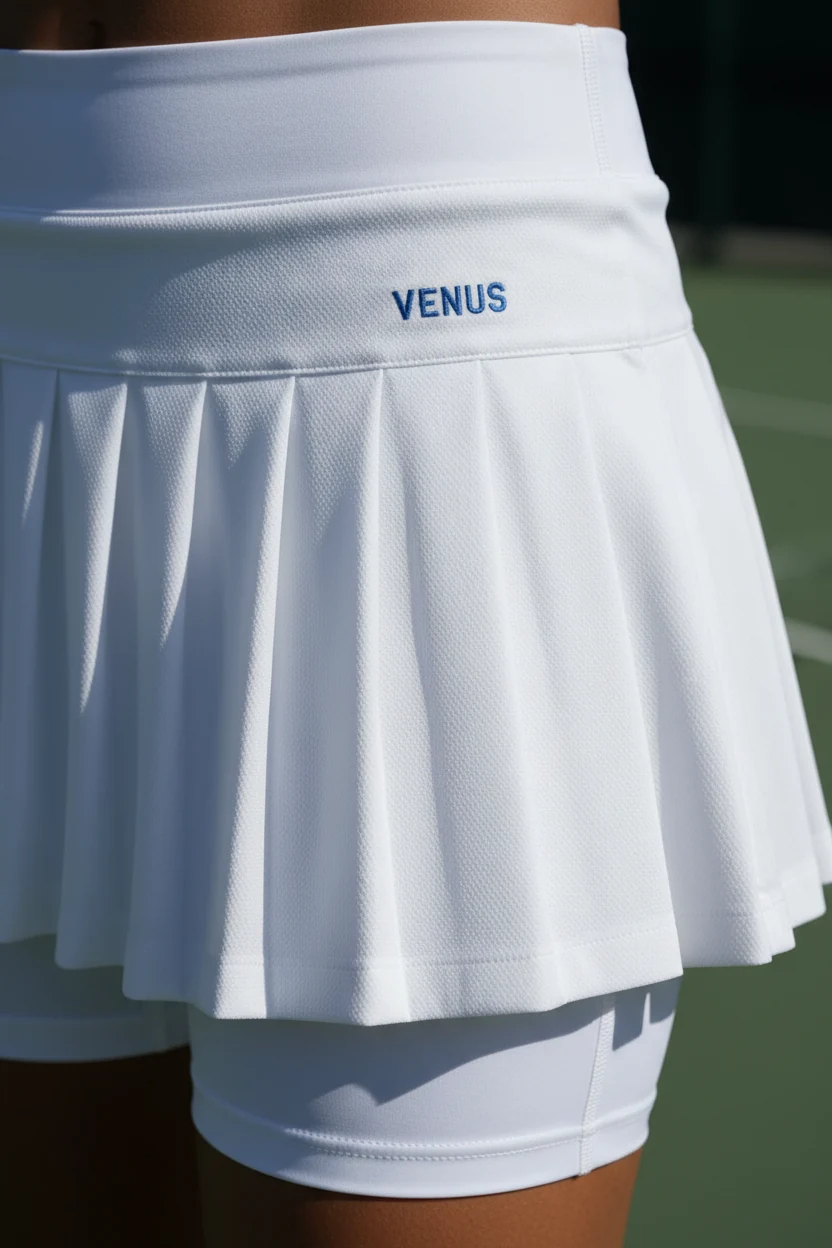closeup of pleated white tennis skirt with built-in shorts