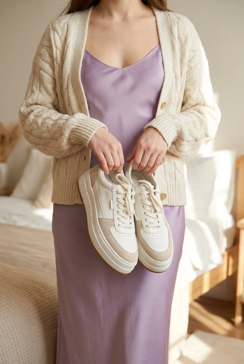 silky pastel slip dress under chunky knit cardigan with hands holding chunky sneakers