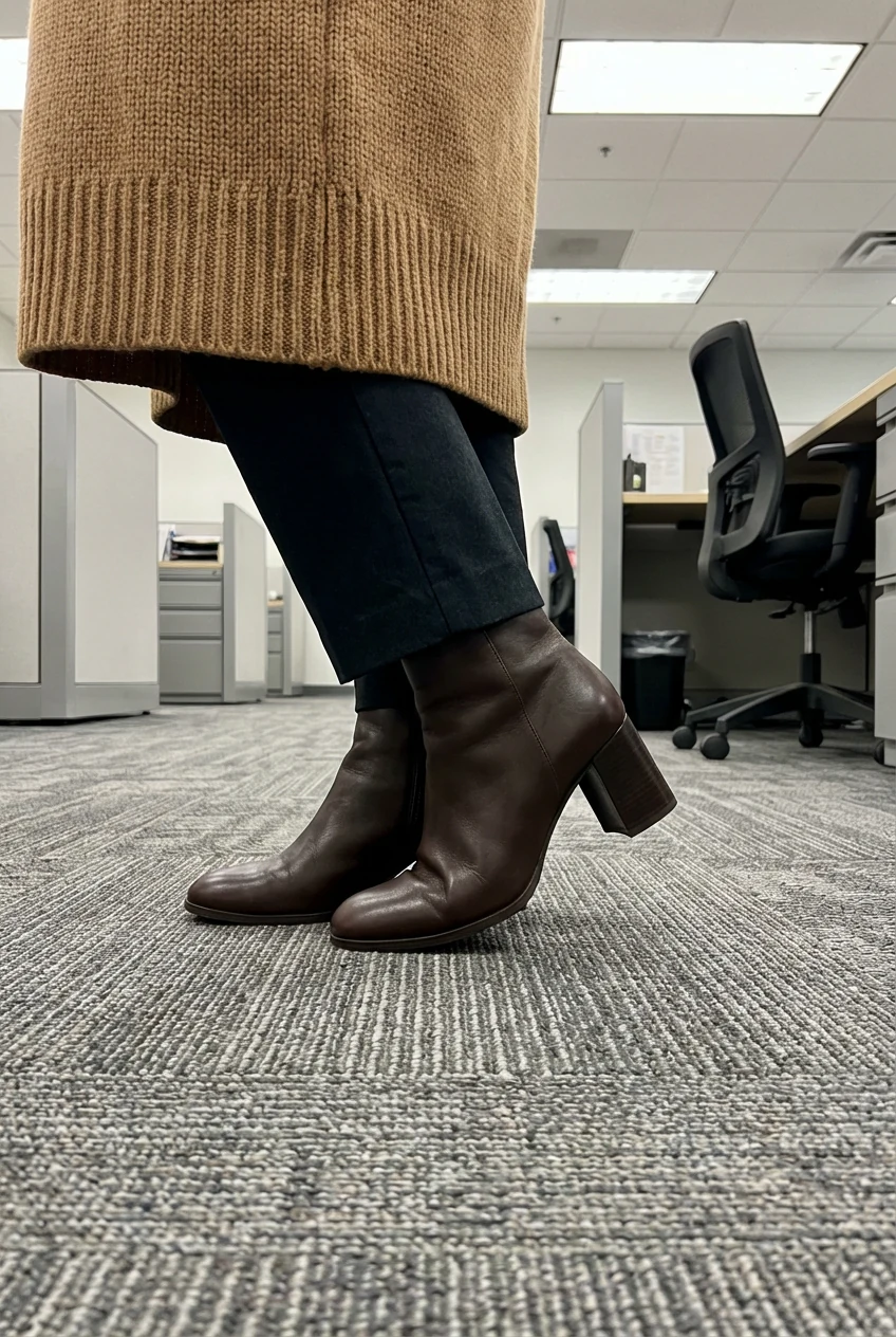 camel chunky turtleneck sweater with cropped block‑heeled ankle boots on office carpet