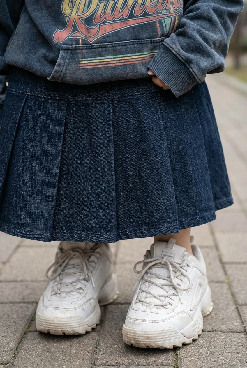 closeup of pleated skirt hem with tucked graphic hoodie and white chunky sneakers
