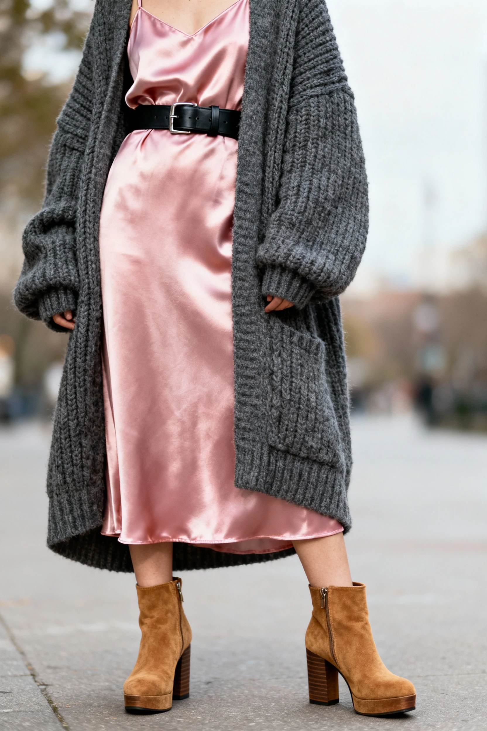 closeup satin slip under chunky cardigan, belted, ankle boots