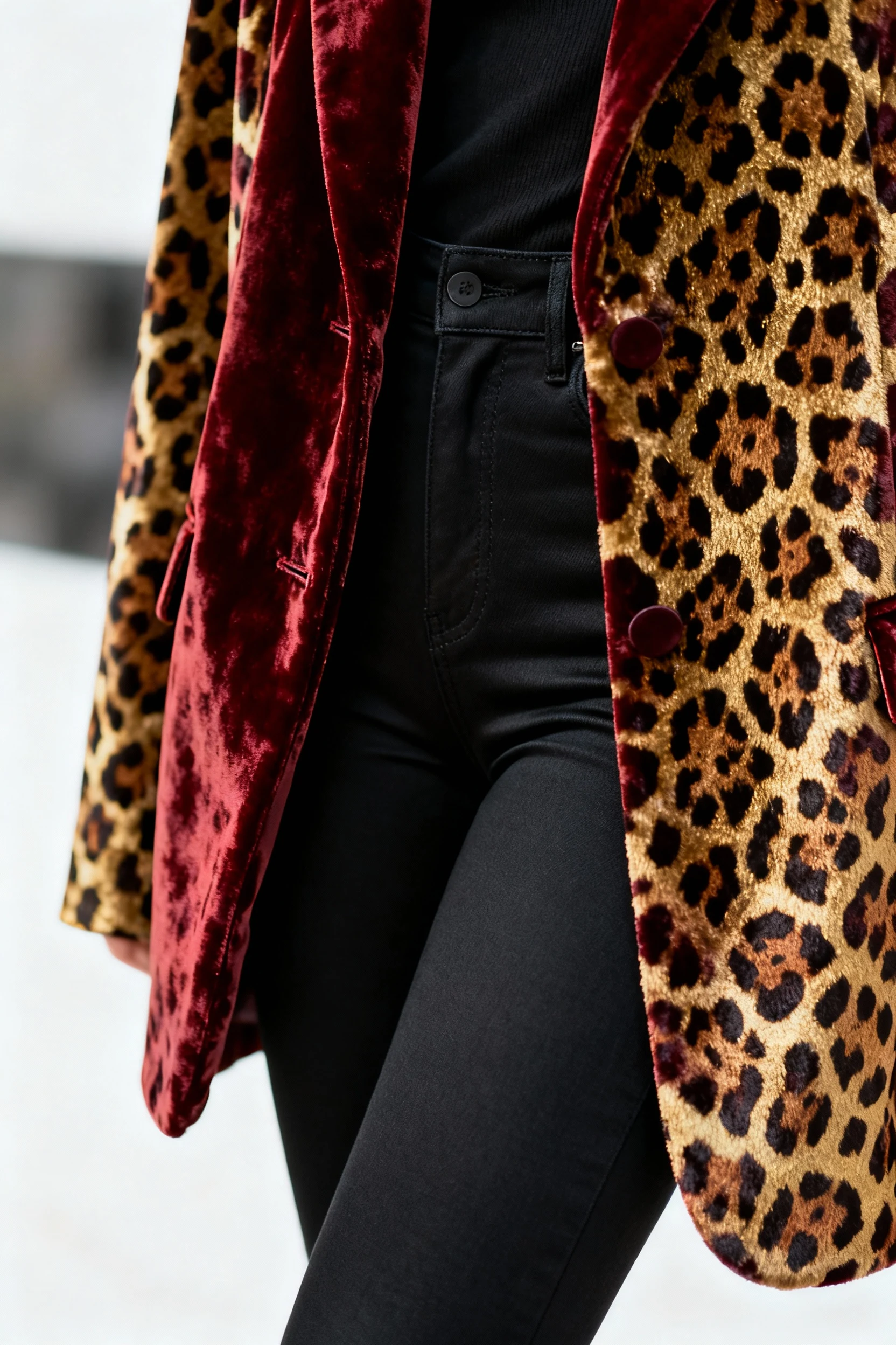 closeup of leopard print velvet blazer over black skinny jeans
