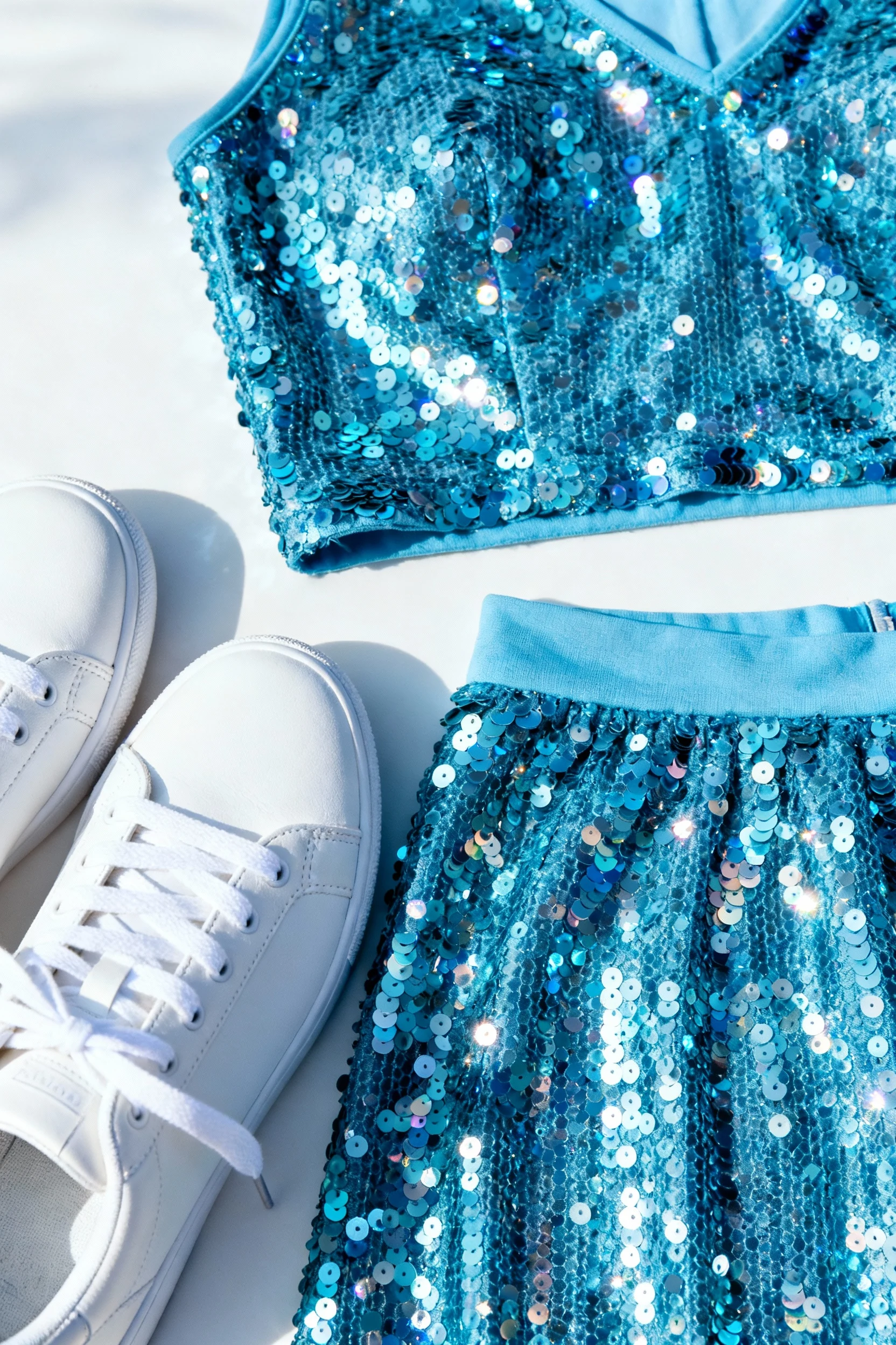 closeup white sneakers next to coastal blue sequin set