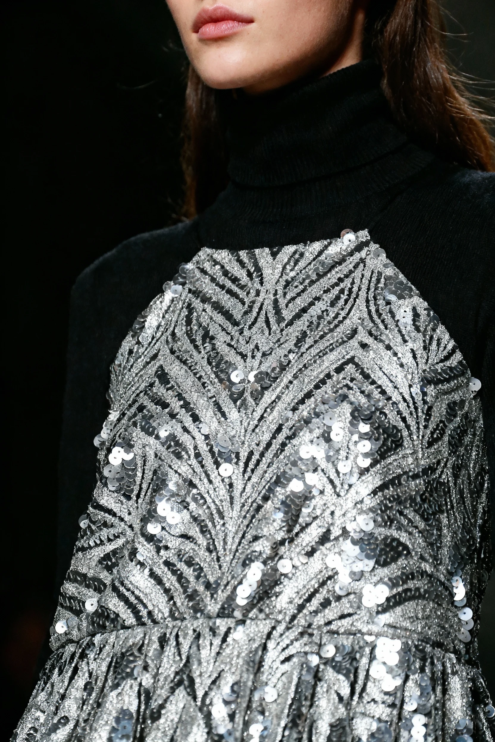 closeup silver sequin midi skirt texture, black turtleneck