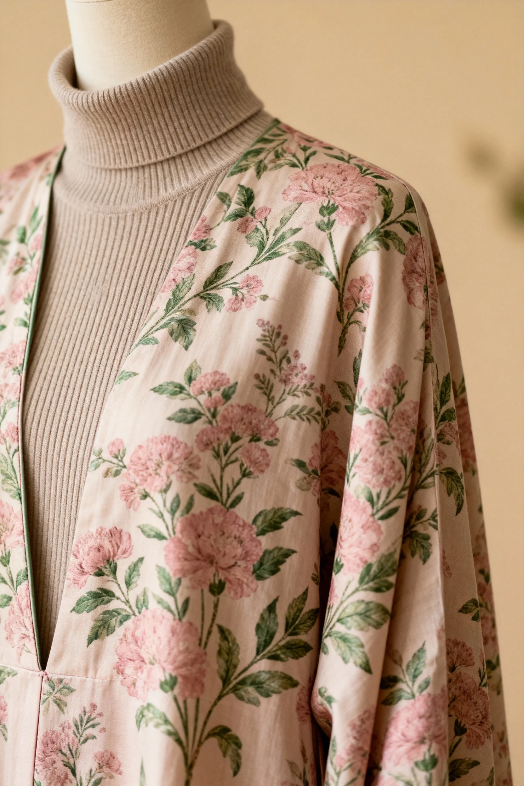 closeup floral kurti over neutral ribbed turtleneck