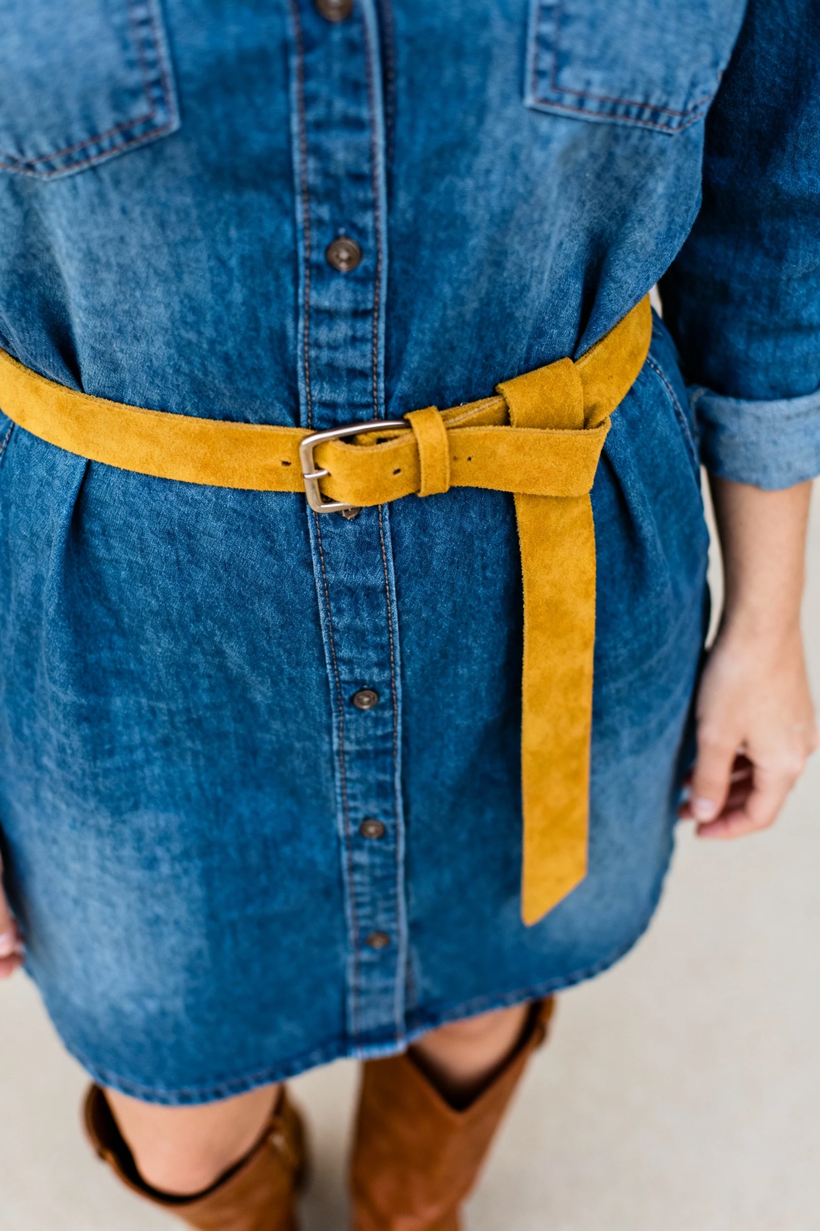 closeup mustard belt cinching denim dress, brown booties