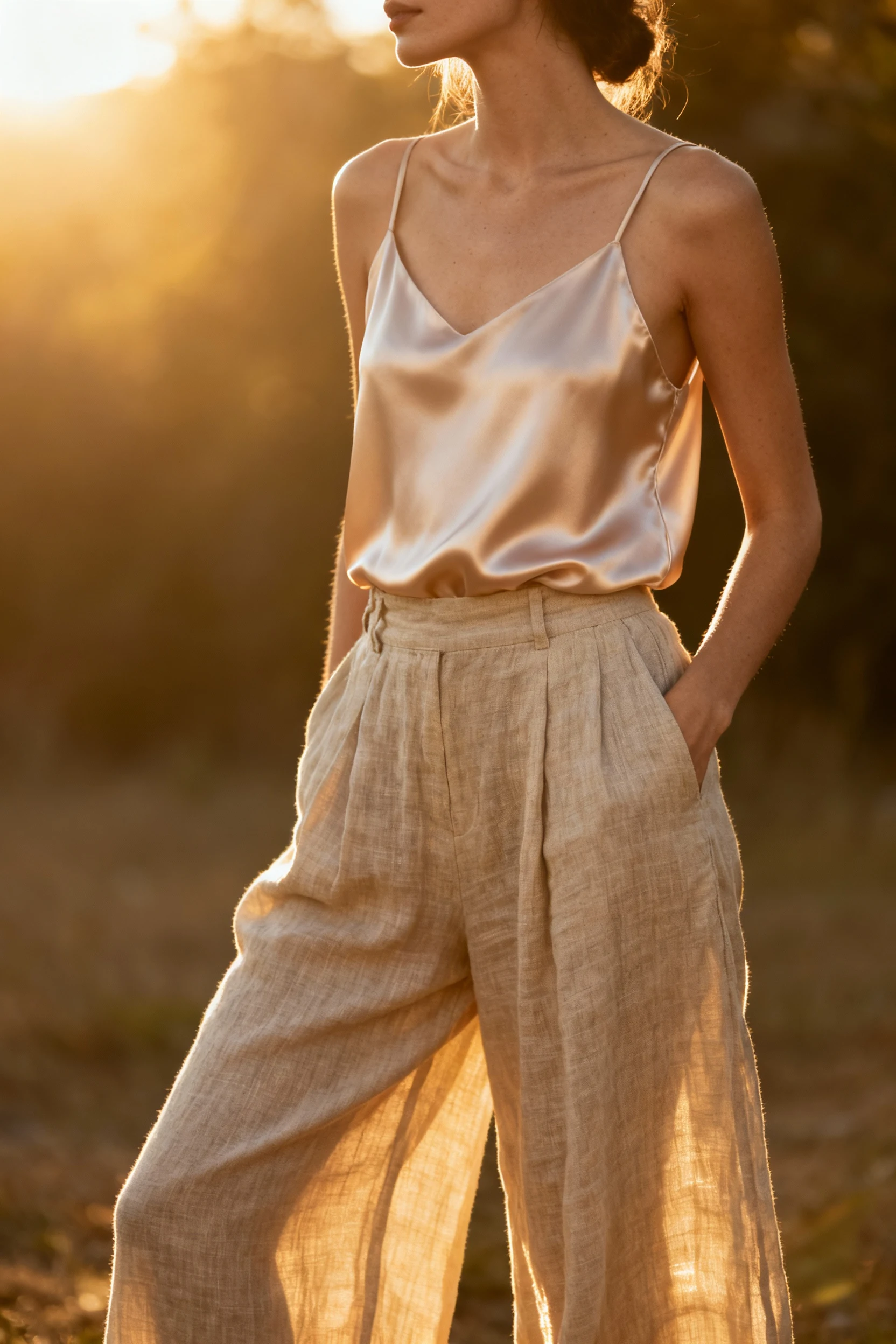 wide-leg cotton-linen trousers with silk camisole in warm sunlight