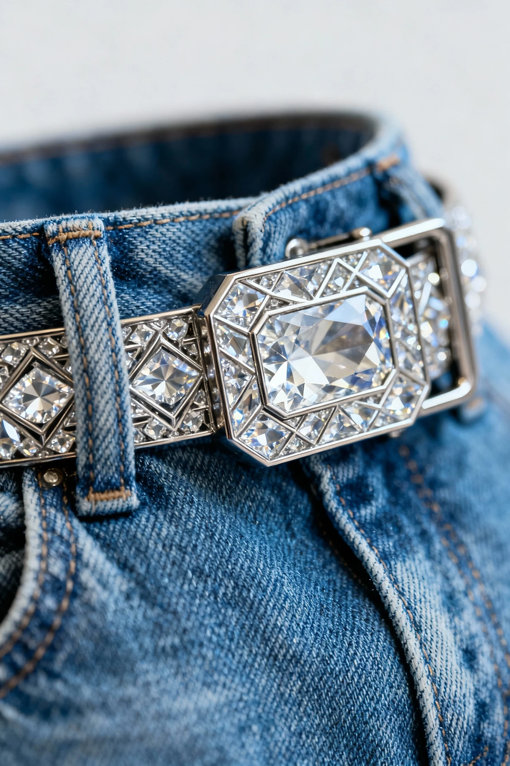 closeup of crystal belt buckle on blue denim top