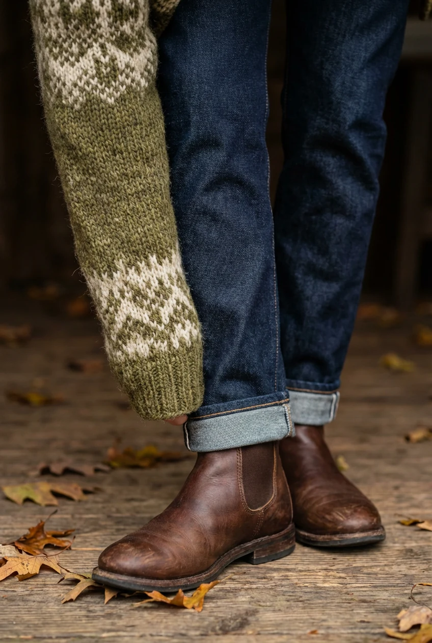 closeup cuffed straight-leg jeans with Chelsea boots, chunky cardigan texture