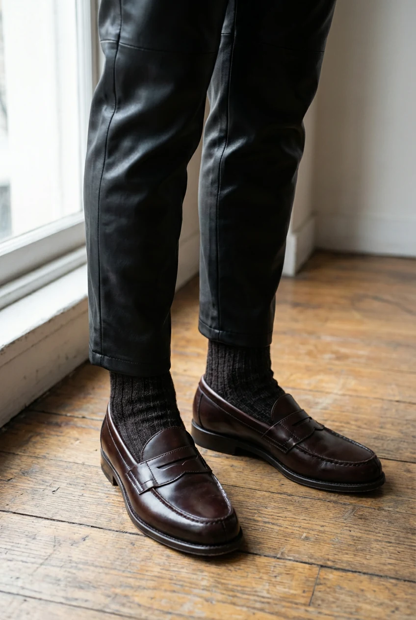closeup black vegan leather trousers, brown loafers, ribbed socks