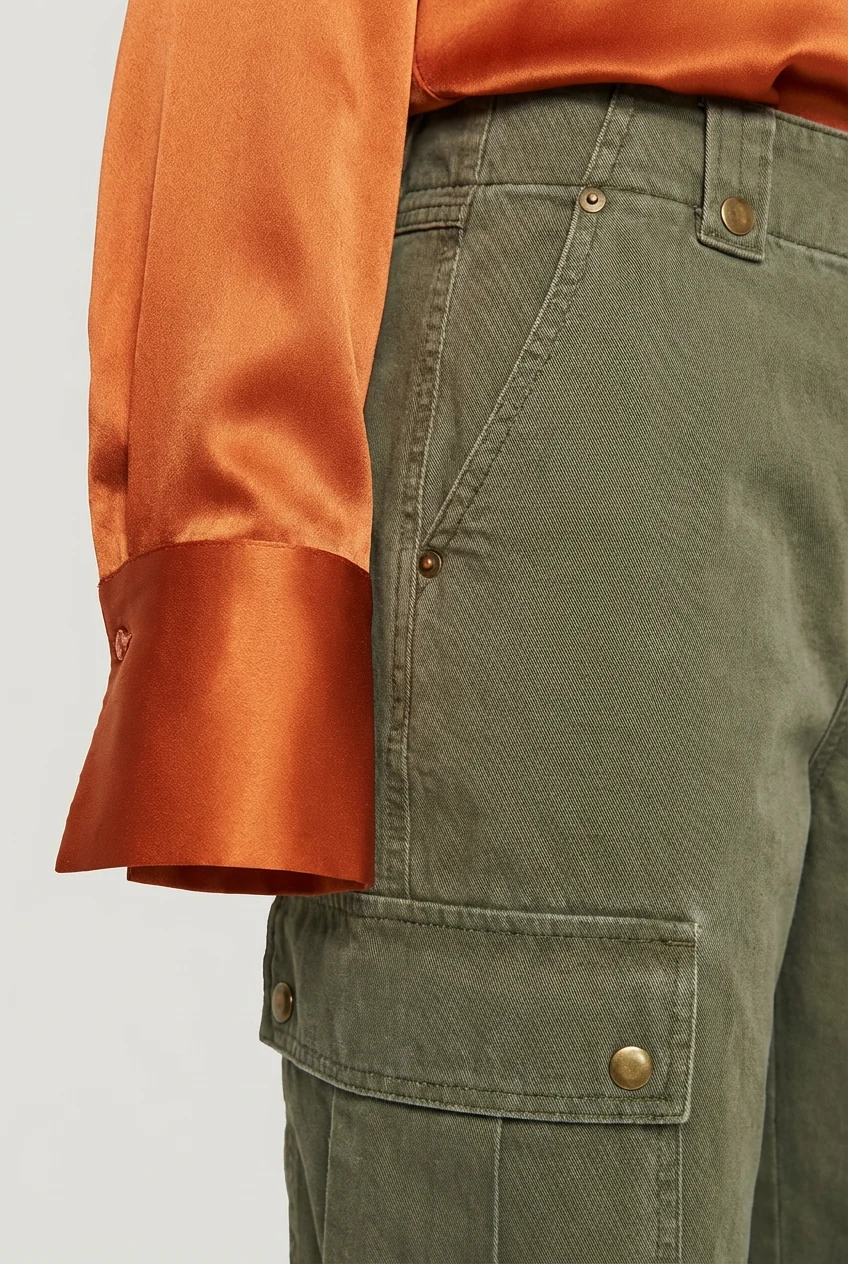 macro orange satin blouse with olive cargo pants pocket