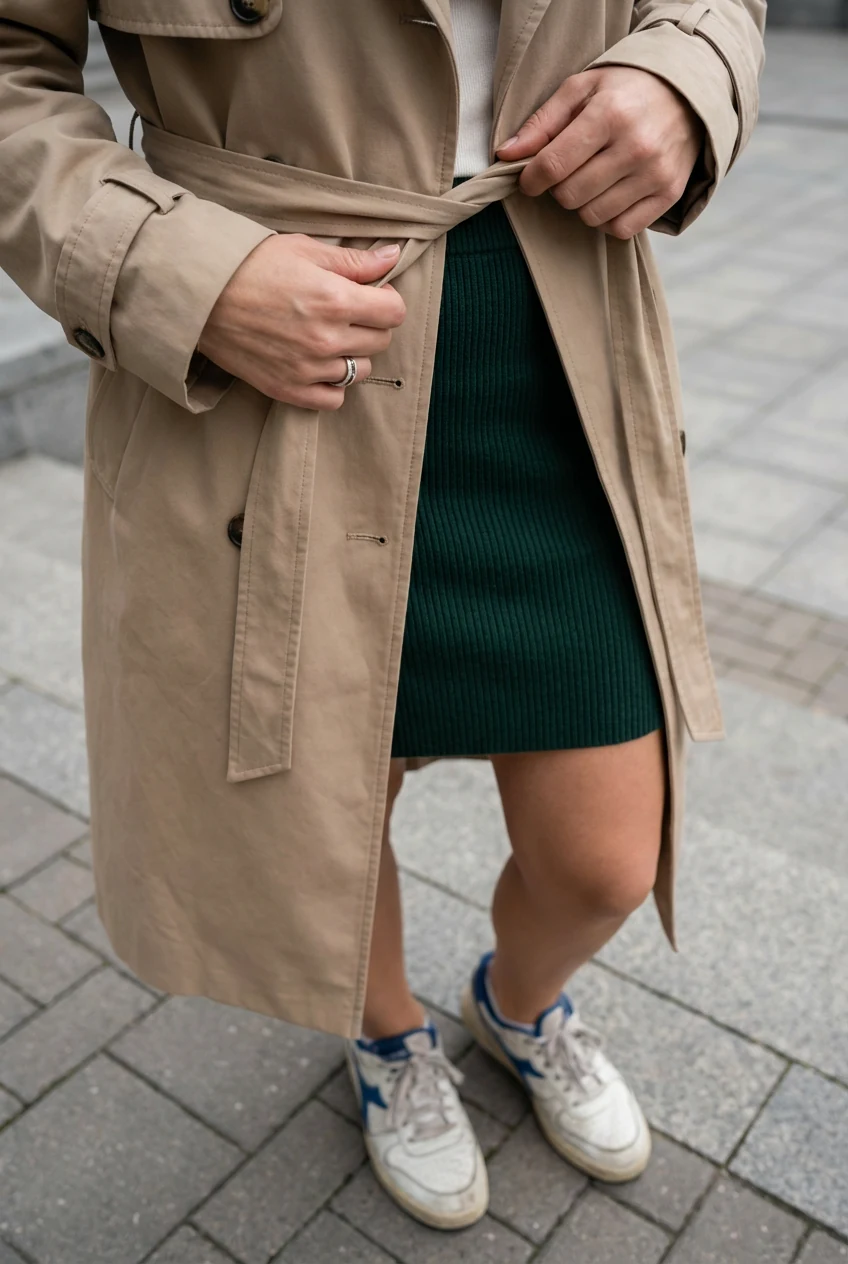 closeup female hands cinching trench belt, ribbed mini, retro sneakers
