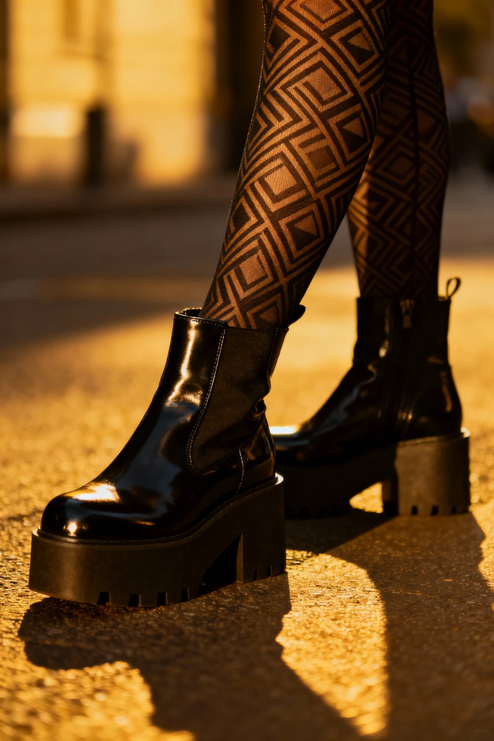 closeup female legs in patterned tights, black platform boots
